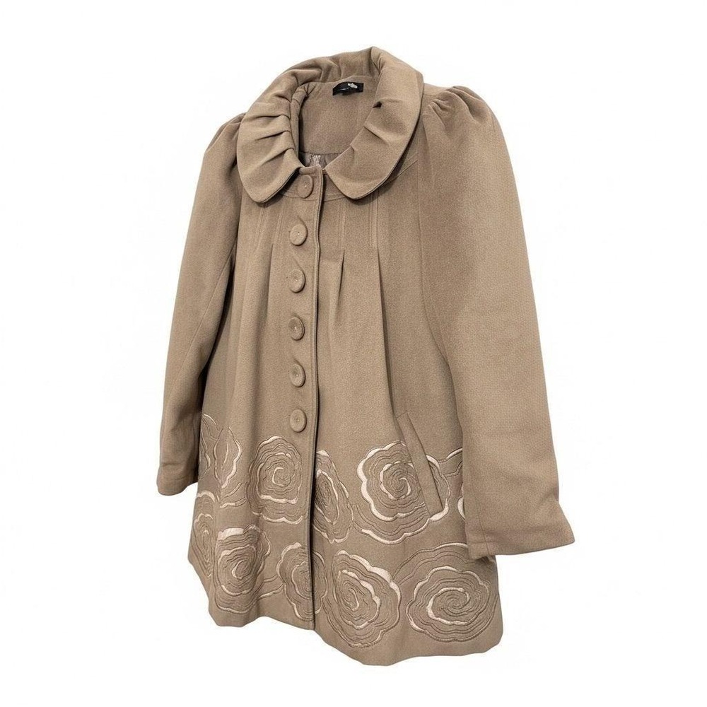 Ryu Embroidered Floral Coat Womens Medium Taupe Ruffle Collar NWT RJ4461-F11